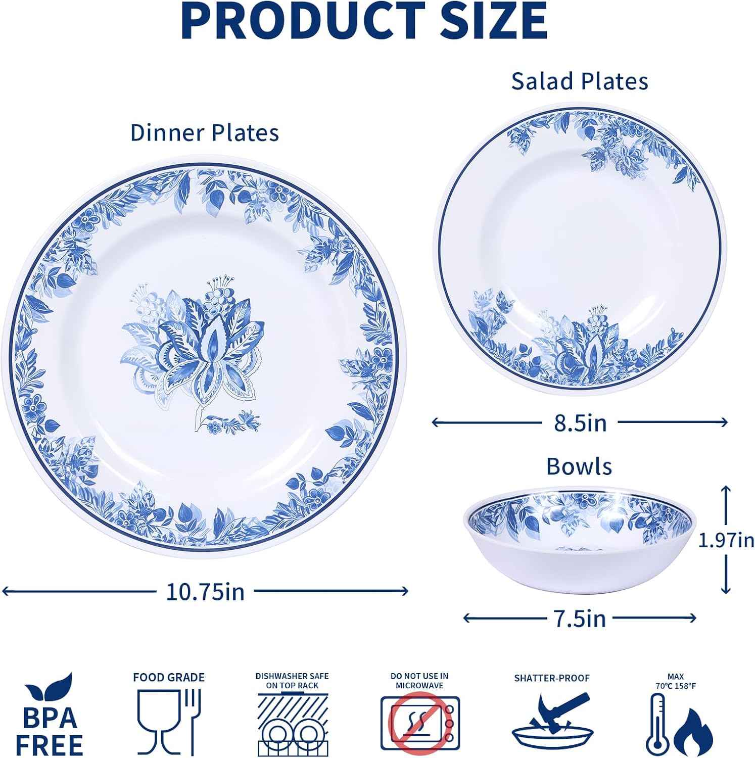 Melamine Dinnerware Sets-12pcs Floral Dinnerware Set Service for 4, Blue White Plates and Bowls Sets, Dishwasher Safe, Break-resistant, Outdoor Camping Picnics Use, Reusable, Traditional Flower