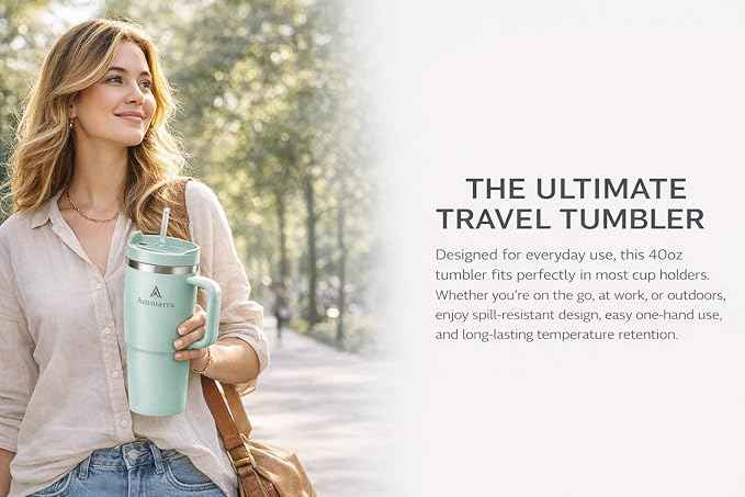 40oz Stainless Steel Vacuum Insulated Tumbler with Handle and Straw, Large Capacity Insulated Cup (Lime Green)
