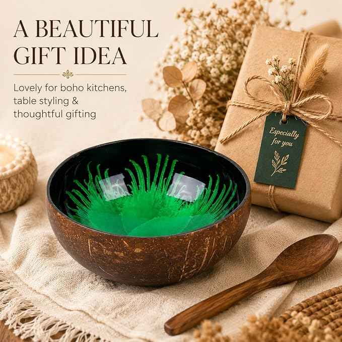 ChezMax Natural Coconut Bowl With Mother of Pearl Inlaid Shell for Entryway Table - Key, Candy, Nuts, Fruits & Dry Snack Storage Container - Round Handcrafted Decoration