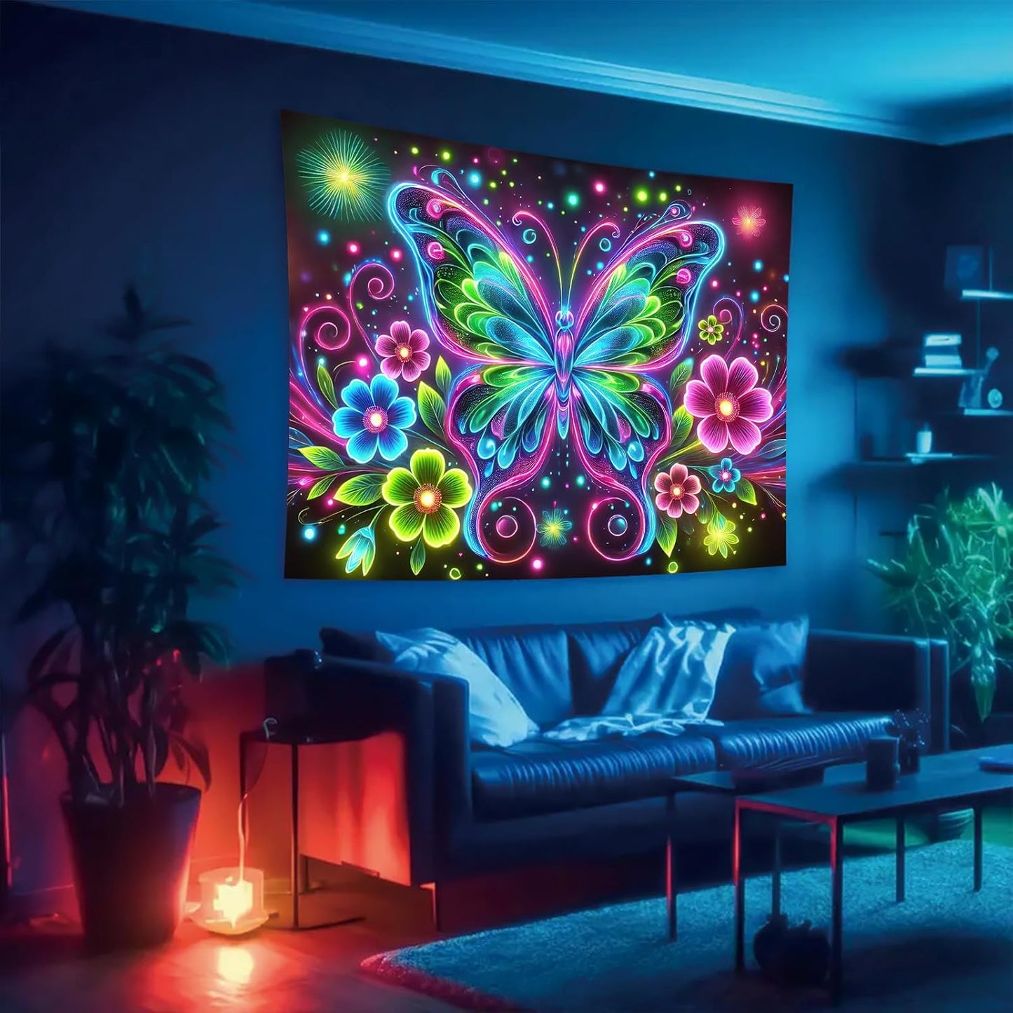 Starlit Patio Blacklight Butterfly Tapestry UV Reactive Glow in The Dark Wall Hanging Trippy Neon Floral Tapestry Poster Landscape Backdrop for Bedroom Living Room Dorm Aesthetic Decor 78 x 59 Inches