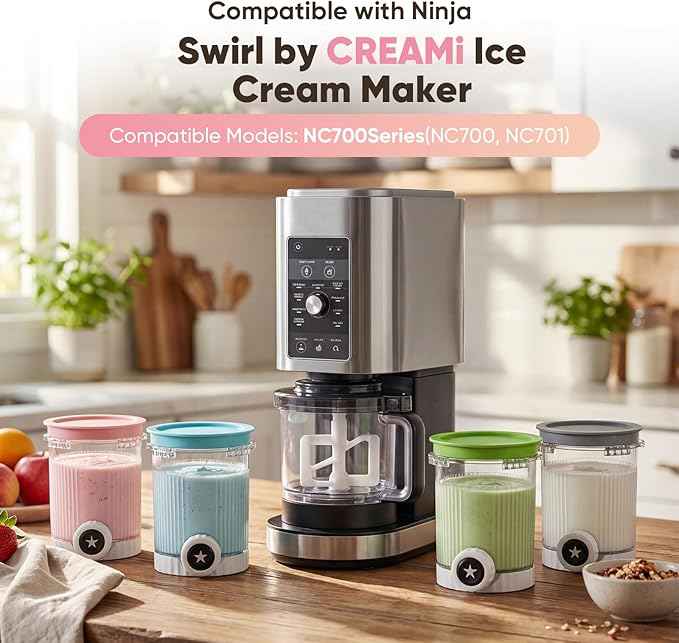 4-Pack Swirl Pints & Lids for Ninja CREAMi — Compatible with NC700/NC701, Replacement Creami Containers for Ice Cream & Soft-Serve Maker, BPA-Free, Reusable, Dishwasher Safe(Not OEM)