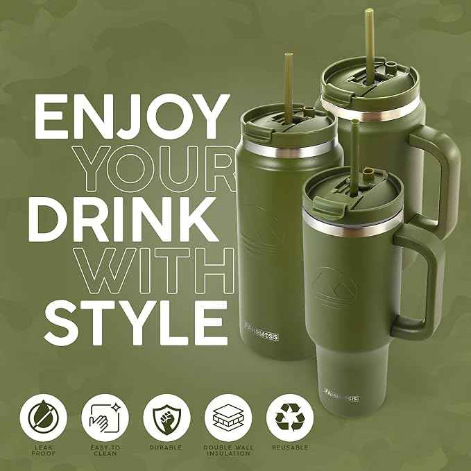 FAHRMOSIS 50 Oz Tumbler with Handle and Straw Large Insulated Tumbler Stainless Steel Travel Mug for Hot & Cold Drinks, Reusable Water Bottle with Lids and Straw - Army Green