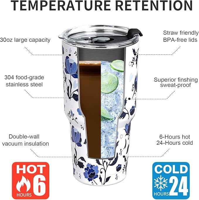 30 oz Tumbler with Lids and Straws Double Wall Insulated Tumbler Cup,Stainless Steel Vacuum Tumbler Powder Coated Travel coffee Mug for Cold and Hot Drinks,Blue and White Porcelain