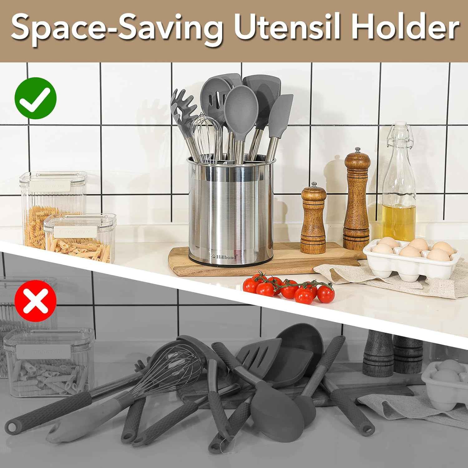 Hillbond 7.5x6.9 Inch EXTRA LARGE Utensil Holder for Countertop, Stainless Steel Rotating Organizer with Removable Divider, Space-Saving for Large Kitchen Utensils Set & Spacious Kitchens