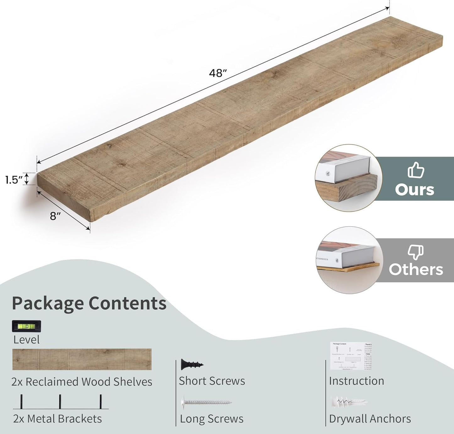 Floating Shelves | 8" Deep Rustic Reclaimed Barnwood Wall Hanging Shelves with Invisible Heavy-Duty Metal Bracket | Wall Mounted | Farmhouse Style | 48 inches, 2 PCs, Distressed Natural