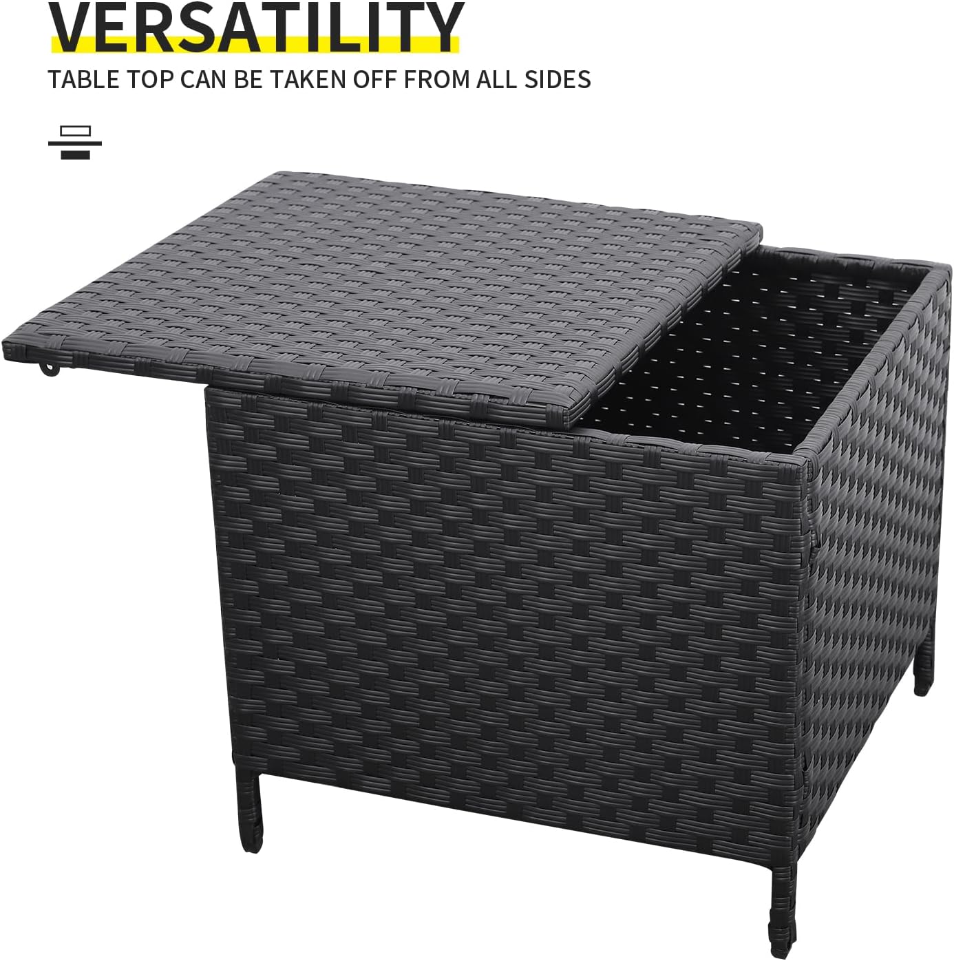Outdoor Wicker Storage Side Table, Patio Black PE Rattan End Table with Storage, Square Container for Furniture Covers, Toys, and Gardening Tools