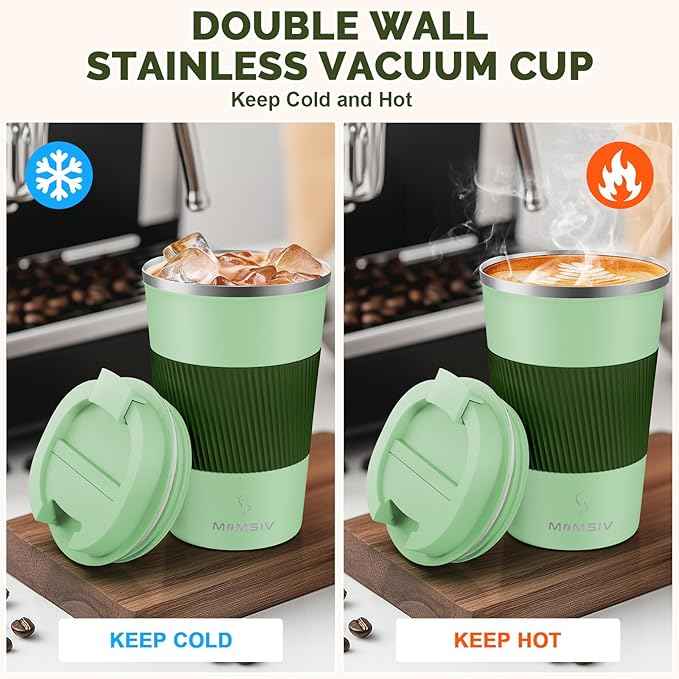 MOMSIV 12oz Travel Mug, Insulated Coffee Cup with Leakproof Lid, Vacuum Stainless Steel Double Walled Reusable Tumbler for Hot and Cold Water Coffee and Tea In Travel and Car (Green-380ml)