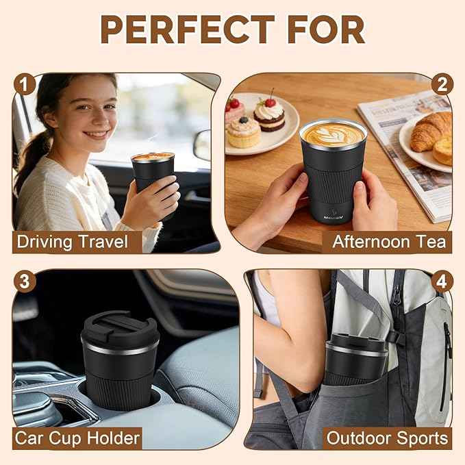 MOMSIV 12oz Travel Mug, Insulated Coffee Cup with Leakproof Lid, Vacuum Stainless Steel Double Walled Reusable Tumbler for Hot and Cold Water Coffee and Tea In Travel and Car (Black - 380ml)