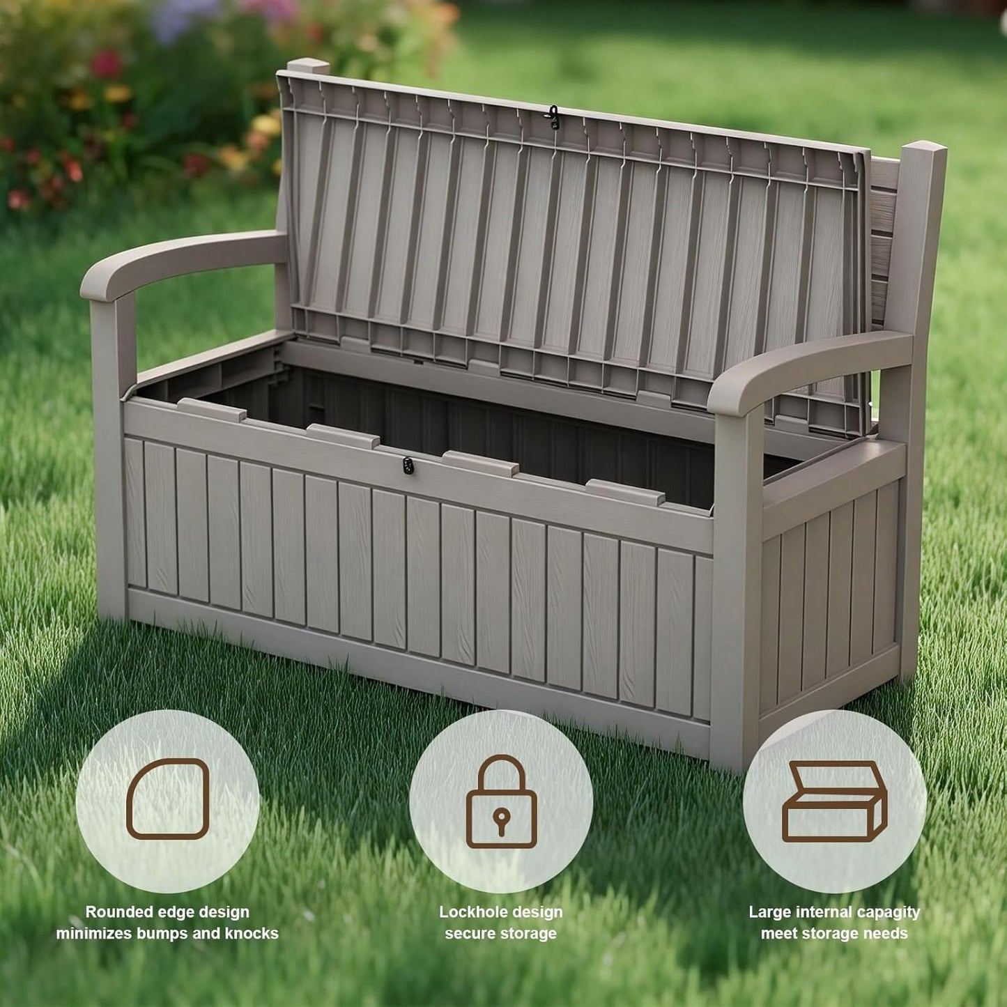 EasyUp 80 Gallon Outdoor Storage Bench, Waterproof Resin Deck Box with Lockable Lid Indoor Outdoor Storage Cushions Furniture Tools for Patio,Garden,and Porch (Gray)