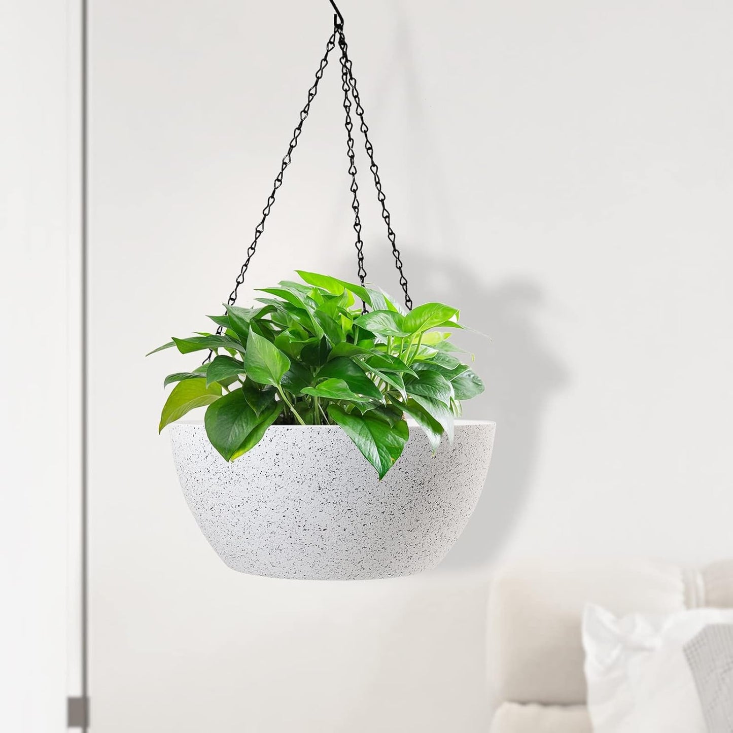 10 inch Hanging Planters for Outdoor Indoor Plants with Drainage Holes and Chain, 2 Pack Round Hanging Flower Plant Pots for Garden Home Porch Decor, Speckled White
