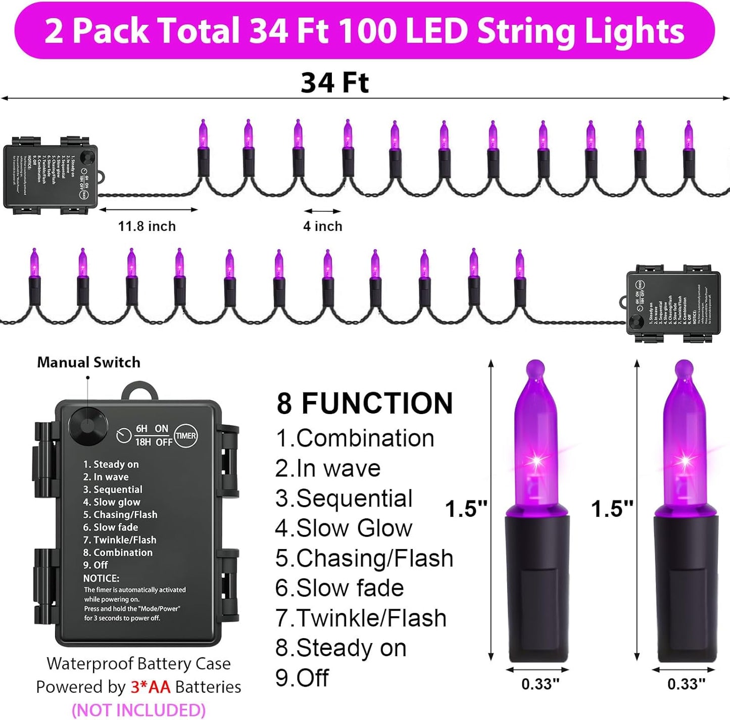 Halloween Purple Lights Decorations, 2 Pack 17FT 100 LED Mini Fairy Lights Battery Operated with 8 Modes Timer Waterproof for Indoor Outdoor Use, Patio Tree Holiday Party Halloween Decor