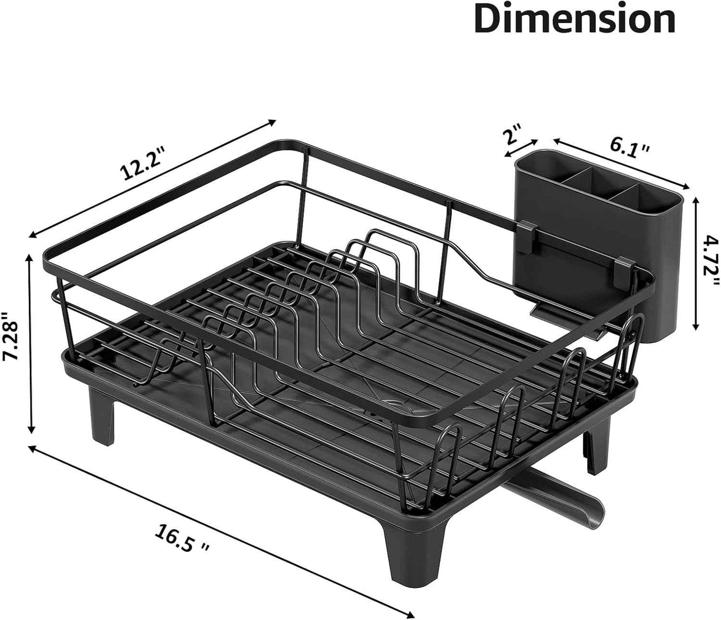 Urackify Dish Drying Rack for Kitchen Counter, Sink Dish Rack with Drainboard 12.2" W x 16.5" L, Large Dish Drainer with Cutlery Holder, Home Countertop Plate Dryer Storage Rack, Black