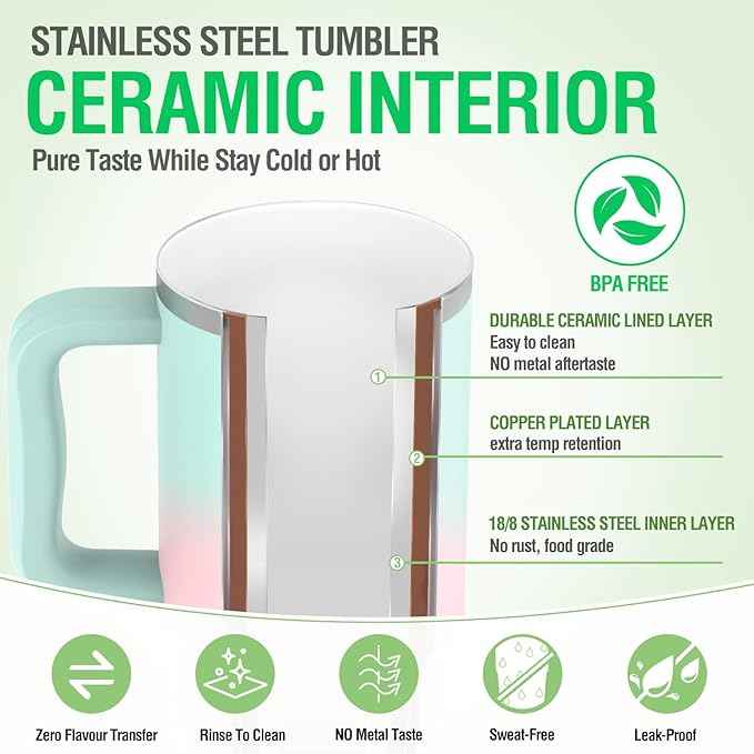 Zukro 24 oz Ceramic Lined Tumbler with Handle and Straw, No Metal Taste, Insulated Stainless Steel Coffee Mug with Spill Proof Lids for Home/Office, No Sweat, Keep Drinks Hot or Cold, Teal