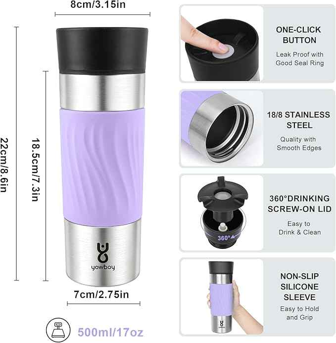 Travel Coffee Mug with 360°Lid, Travel Coffee Tumbler 16 oz Leak Proof, Stainless Steel Insulated Travel Mugs for Hot and Cold Spill Proof Leak Proof(Light Purple)