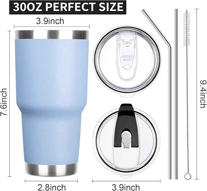 30 oz Tumbler with Lids and Straws Double Wall Vacuum Insulated Tumbler Cup,Stainless Steel Leak-proof Thermal Tumbler Travel Coffee Mug for Cold and Hot Drinks,Baby Blue