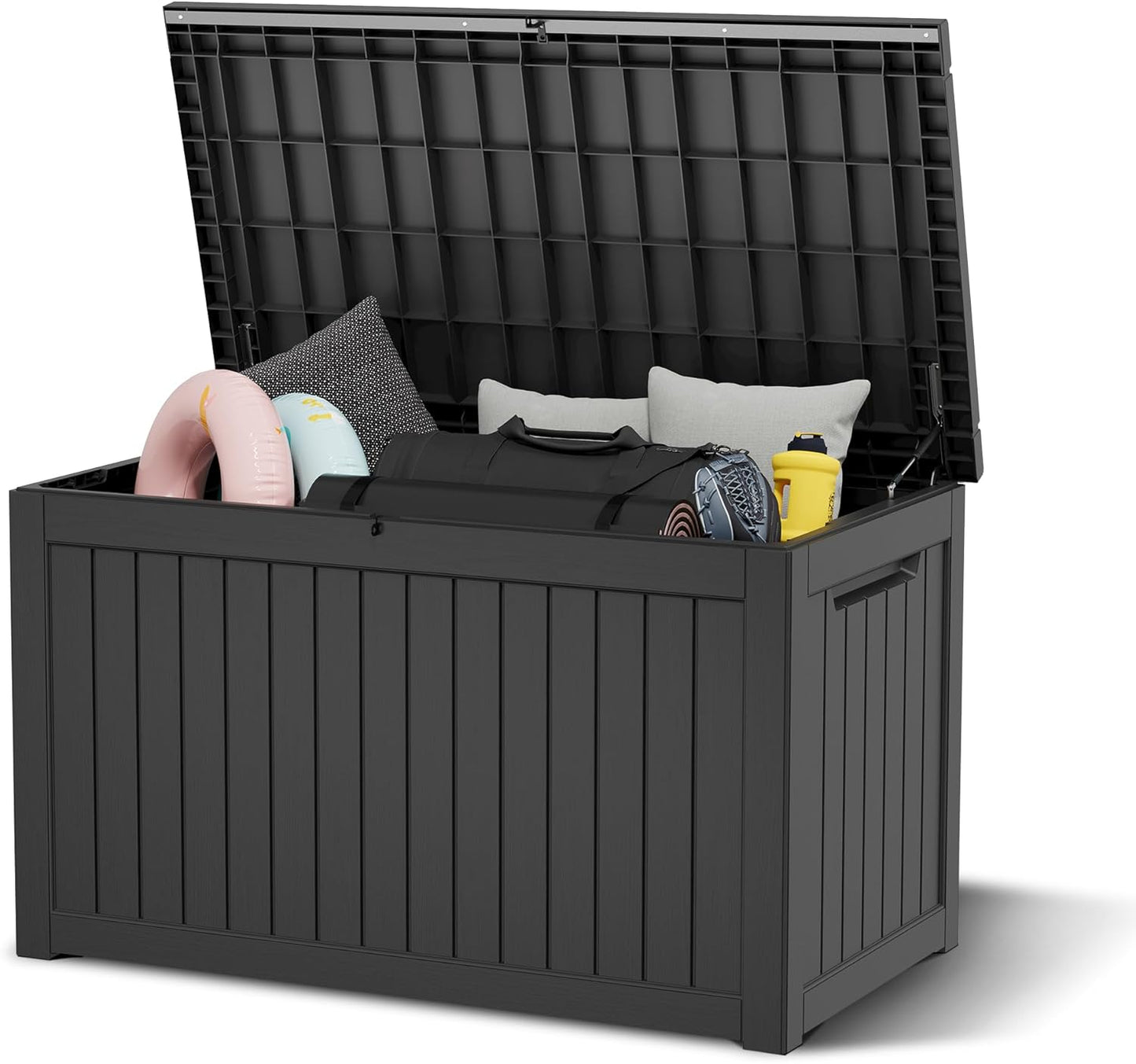 NUNU LAB 230 Gallon Large Resin Deck Box, Waterproof Outdoor Storage Box, Lockable Storage Bin for Patio Furniture, Garden Tools, Pool Accessories, UV-Resistant & All-Weather, Black