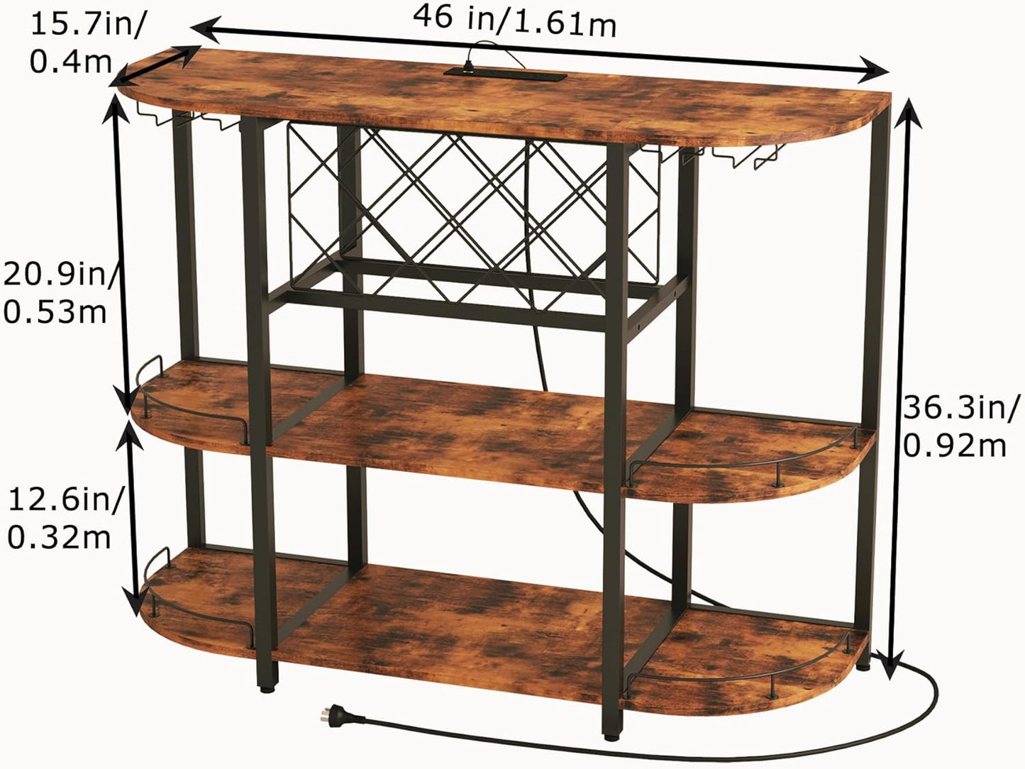 Wine Cabinet Bar Cart Table with Power Socket and LED Light, Three Tiers Coffee Bar Table Wine Rack Liqour Bar with Large Storage for Home Kitchen (Retro Brown)