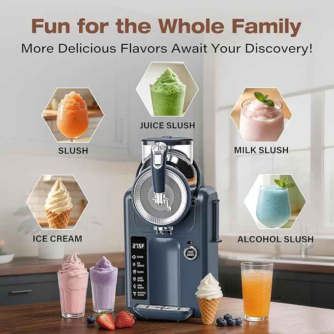 SYINTAO Slushie Machine No Ice Needed, 2-in-1 Frozen Drink & Soft Serve Ice Cream Maker, 75oz Self-Chilling Slushy Maker with 5 Presets, LED Display & Auto Clean for Home & Party (Blue-gray)