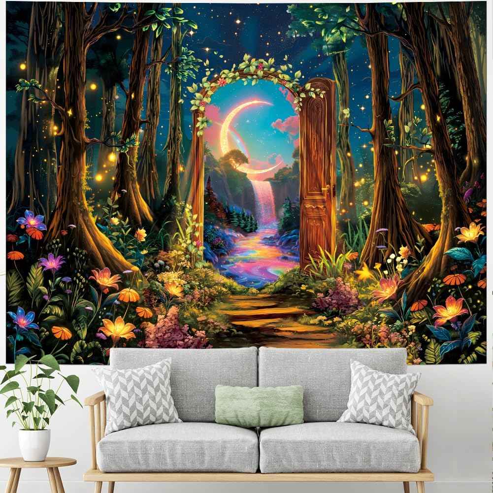 Heynvioo Blacklight Forest Tree Tapestry UV Reactive Moon Tapestry Flower Floral Tapestries Fantasy Landscape Tapestries Aesthetic Plant Wall Hanging Decor for Home