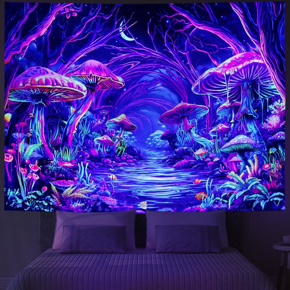 Yuiqear Blacklight Forest Tapestry UV Reactive Mushroom Tapestries Fantasy Landscape Wall Decor Aesthetic Plant Floral Tapestry Wall Hanging for Bedroom