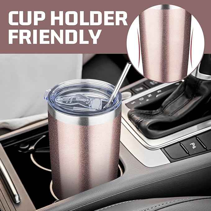 20 oz Tumbler with Lids and Straws, Stainless Steel Insulated Travel Coffee Mug, Double Wall Vacuum Insulated Tumblers, Powder Coated Coffee Tumbler for Cold & Hot Drinks (Rose Gold,4pack)