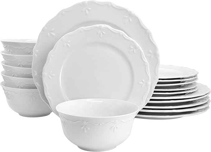 Elama Henryi 18 Piece Embossed Rim Detail Porcelain White Dinnerware Set, Tableware Set, Serveware (18 Piece)