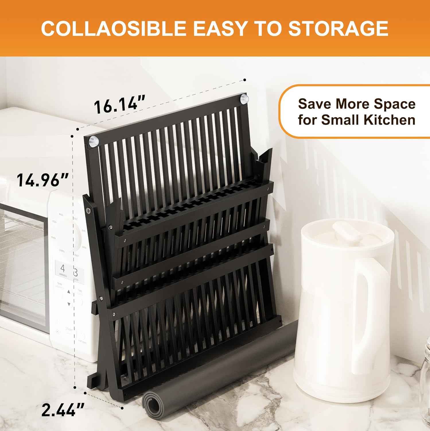 Greenual Black Bamboo Dish Drying Rack with Utensil Holder, 3 Tier Collapsible Dish Rack, Wooden Dish Racks for Kitchen Counter, Large Folding Drying Holder with Absorbent Dish Drying Mat