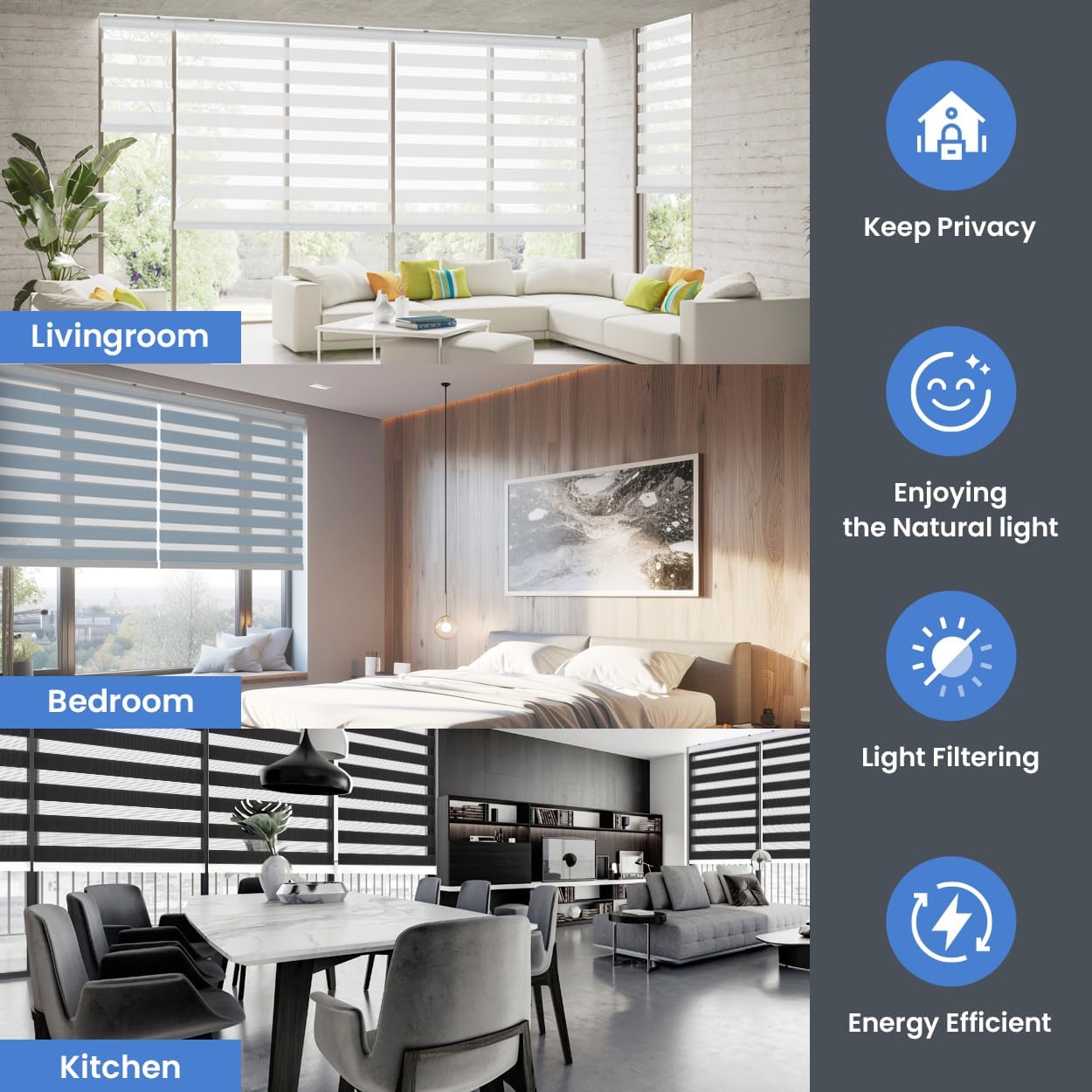 Foiresoft Standard Zebra Roller Blinds for Windows [W48 x H64 Inch, White, Basic], Light Filtering Dual Layer Shades for Bedroom, Living Room, Office, 13 Colors