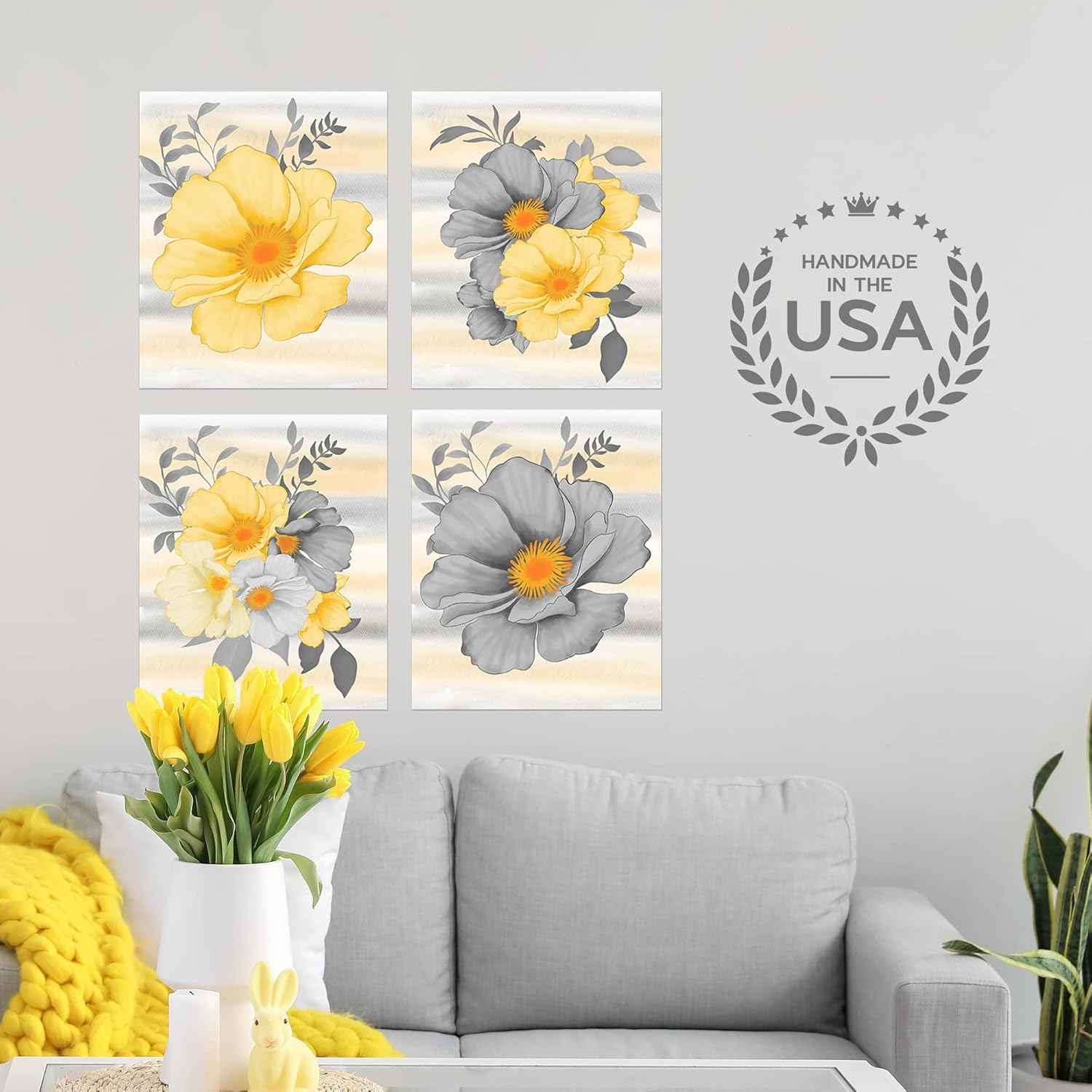 Twisted R Design Wall Art Canvas Prints - 4 Vintage Farmhouse Decor Posters - 8x10 Unframed Floral-Themed Pictures - Made in USA Wall Art for Living Room, Bedroom, Office, & More - Gray and Yellow