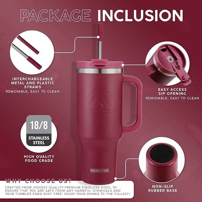 FAHRMOSIS 40 Oz Tumbler with Handle and Straw Insulated Cup that Fits in Cup Holder for Hot & Cold Drinks Leak Proof Tumbler with Straw Stainless Steel Travel Mug for Men & Women - Red