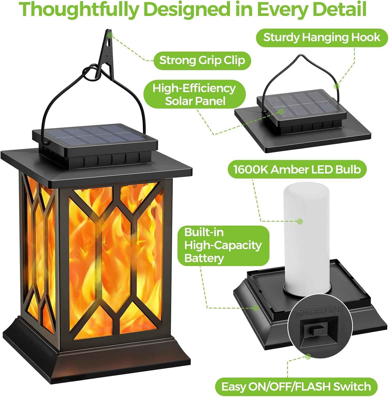 BOBKID 2 Pack Solar Lanterns Outdoor Waterproof, Flickering Flame Outdoor Lights, Hanging Solar Lantern Lamps Decorative, Solar Powered Lighting for Outside Garden Yard Patio Path Tree Decor