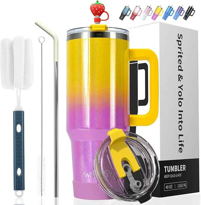 40 oz Shiny Tumbler with Handle and Straw,Stainless Steel Tumbler with Lid and Straw,Insulated Travel Mug(Cold for 34 Hours),Water Bottle for Iced Tea,Coffee (Yellow)