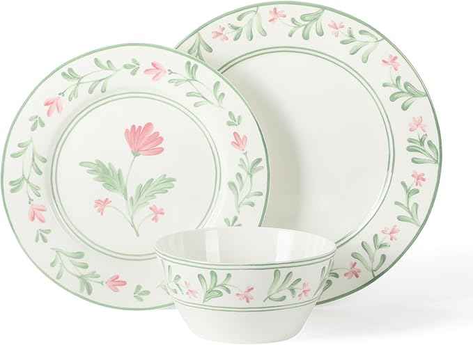 Martha Stewart Maiden Crown Plates and Bowls Sets, 12-Piece New Bone China Dinnerware Sets, Botanical Floral Design Dish Set, Microwave & Dishwasher Safe