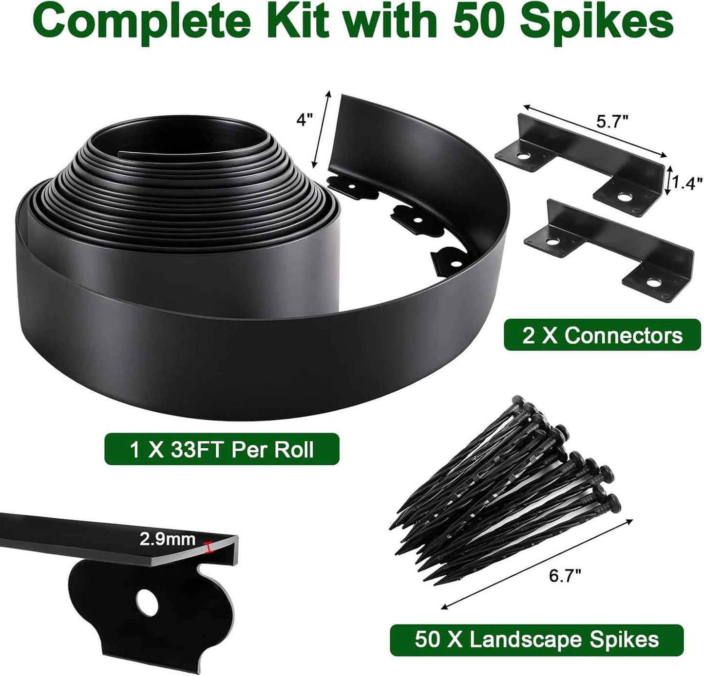 Landscape Edging Kit, 4 Inch Tall 33Ft No Dig Garden Edging Border with 50 Pcs Reinforced Spikes, Plastic Garden Barrier for Landscaping, Lawn, Yard, Flower Bed, Paver, Pathway, Grass, Black