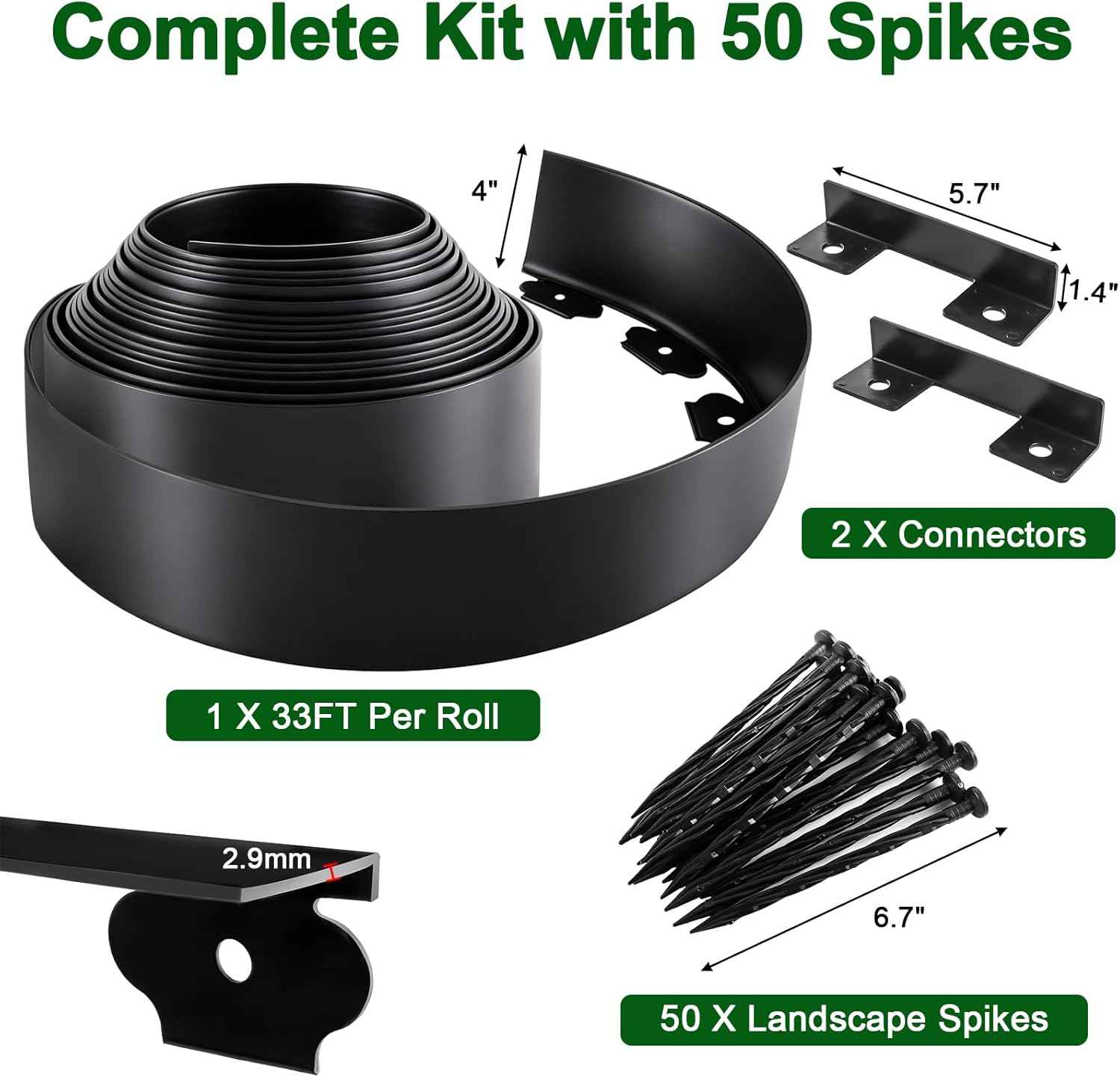 Landscape Edging Kit, 4 Inch Tall 33Ft No Dig Garden Edging Border with 50 Pcs Reinforced Spikes, Plastic Garden Barrier for Landscaping, Lawn, Yard, Flower Bed, Paver, Pathway, Grass, Black