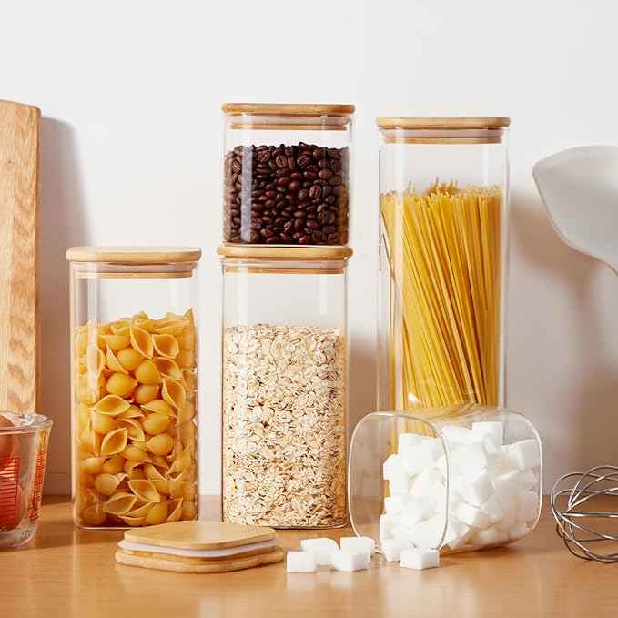 Square Glass Food Storage Jars with Lids[Set of 5], Perfect for Pasta, Cookies, Nuts, Coffee, Cereal, Flour,Organize Your Kitchen and Pantry with these BPA-Free Glass Jars with Canisters