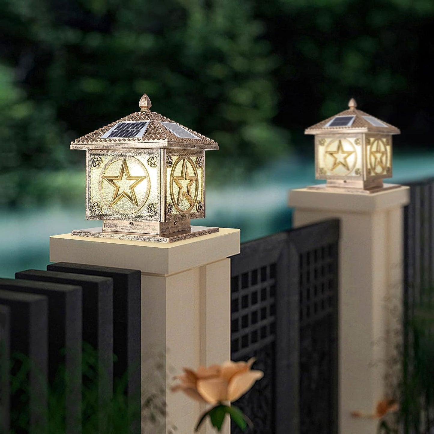 SLAWA Outdoor Solar Post Cap Light 9.8In Bronze Column Lights Square Waterproof Landscape Lighting with Remote Pillar Lamps Fence Deck Cap Light Solar Power Lantern Porch Mailbox Lawn Porch Fixture