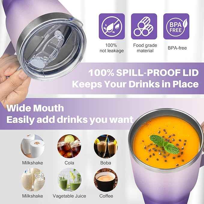 30 oz Tumbler with Handle, Stainless Steel Insulated Tumbler with Lid and Straw, Double Wall Vacuum Coffee Mug Tumbler, Insulated Coffee Thermal Cup for Cold and Hot (Light Dark Purple)