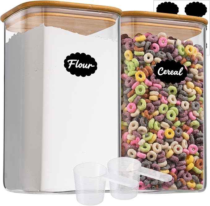 1.2 Gallon (148oz) 2PCS Large Glass Food Storage Containers, Wide Mouth Storage Containers with Tight Lids Square Glass Jars for Flour and Sugar Cereal Rice Pasta Oats Wheatmeal Coffee Niblet