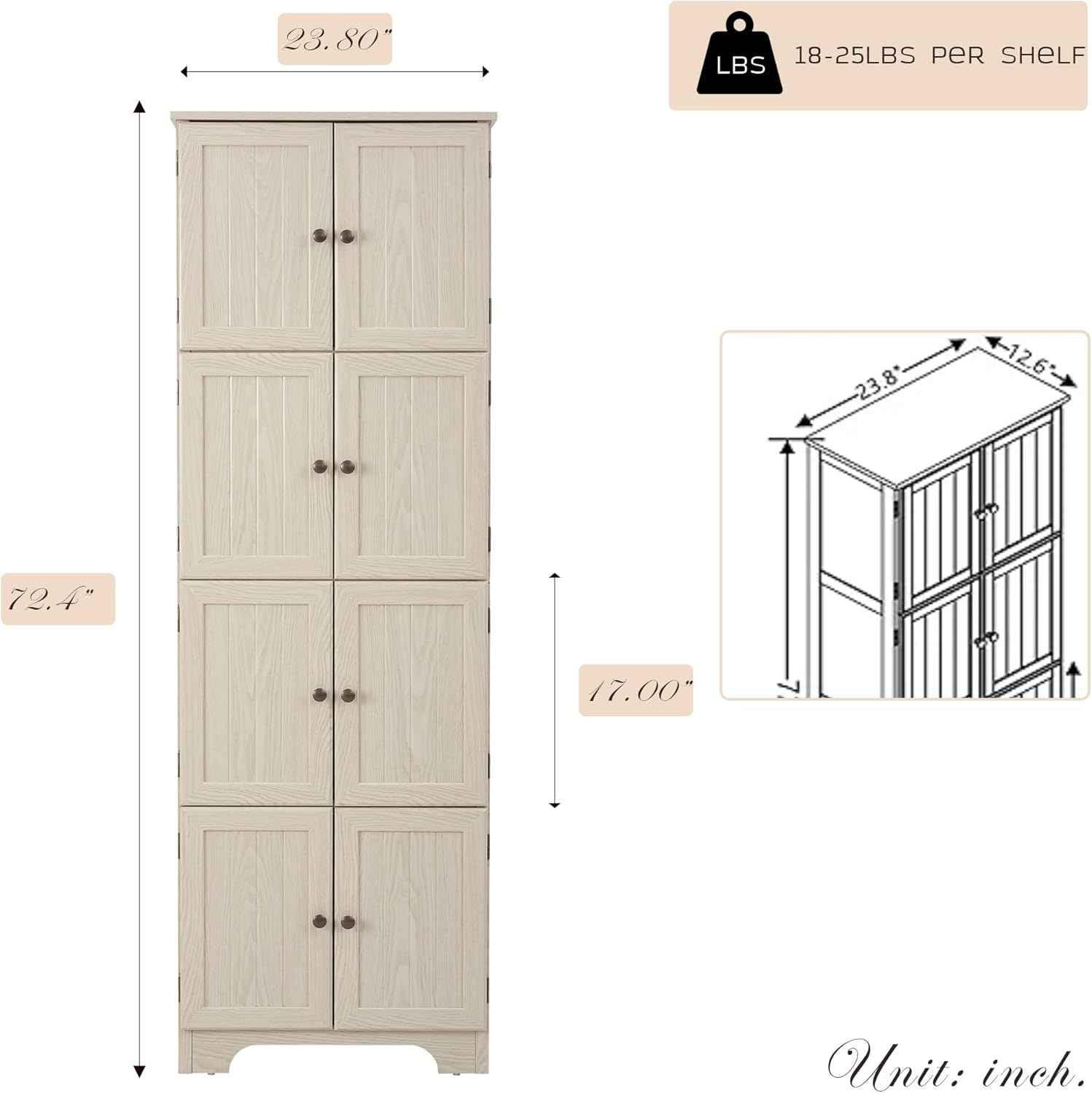 Farmhouse Tall Storage Cabinet with 8 Doors, 72" H Wooden Kitchen Pantry with 4 Shelves, 4-Tier Freestanding Bookshelf, Rack for Living Room (White & Style 2)