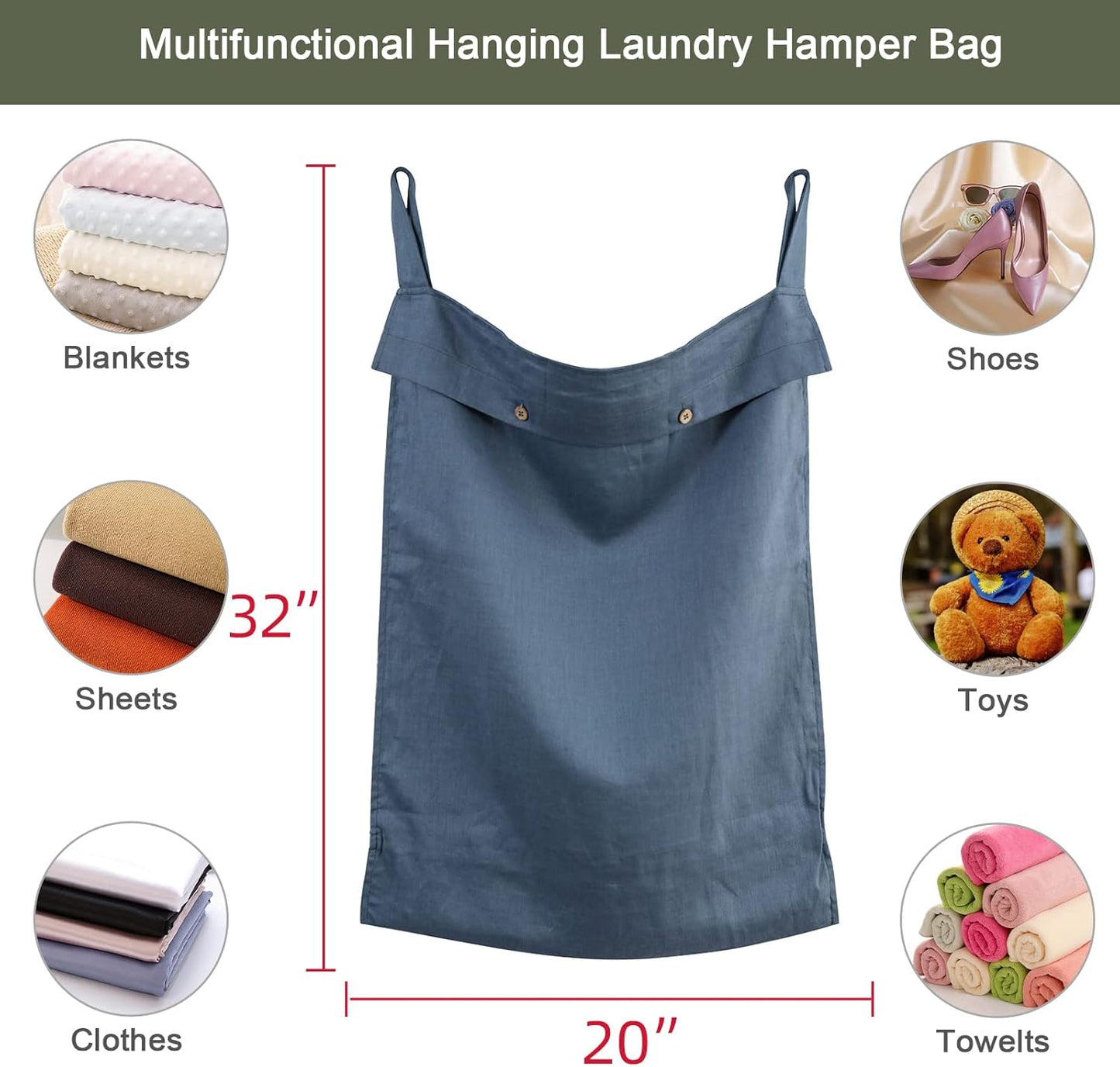 Linen Hanging Laundry Bag, 100% Linen Over The Door Laundry Hamper with Buttons and Zipper, Space Saving Door Hampers for Laundry Dirty Clothes Home Travel, Navy Blue