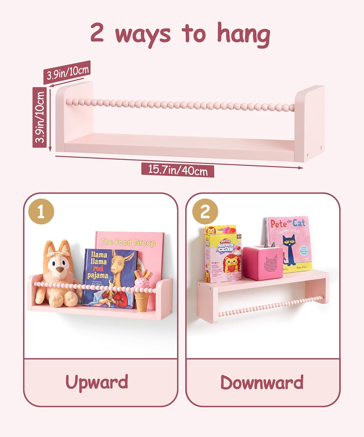 Nursery Book Shelves for Wall Set of 3, Pink Natural Wood Bookshelf Wall Decor, Small Floating Shelf Organizer for Kids Room, Bedroom, Kitchen Spice Rack