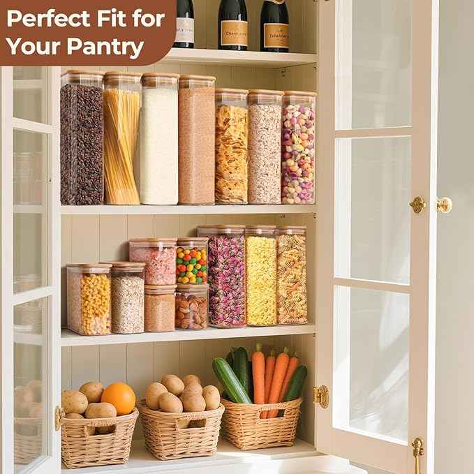 ComSaf 1.8 Qt Rectangle Glass Storage Containers with Lids, Glass Jars with Bamboo Lids, Clear Food Storage Jar, Sugar Coffee Containers, Pantry Storage Container for Pasta Rice Flour Oats Nuts Tea