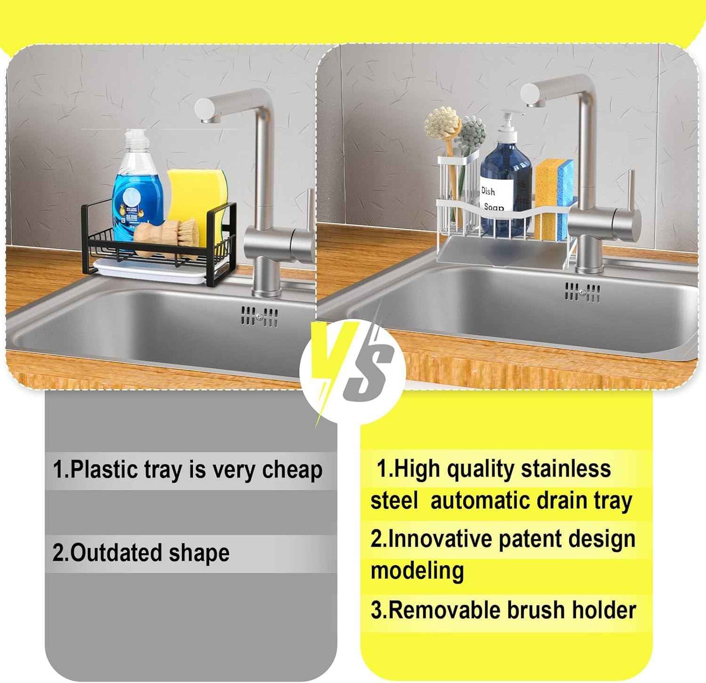 Maifan Sink Caddy Sponge Holder for Kitchen with Brush Holder and Stainless Steel Self Drain Tray, Rustproof Kitchen Sink Organizer for Sponge, Soap Dispenser Storage Accessories (Lacquer Silver)
