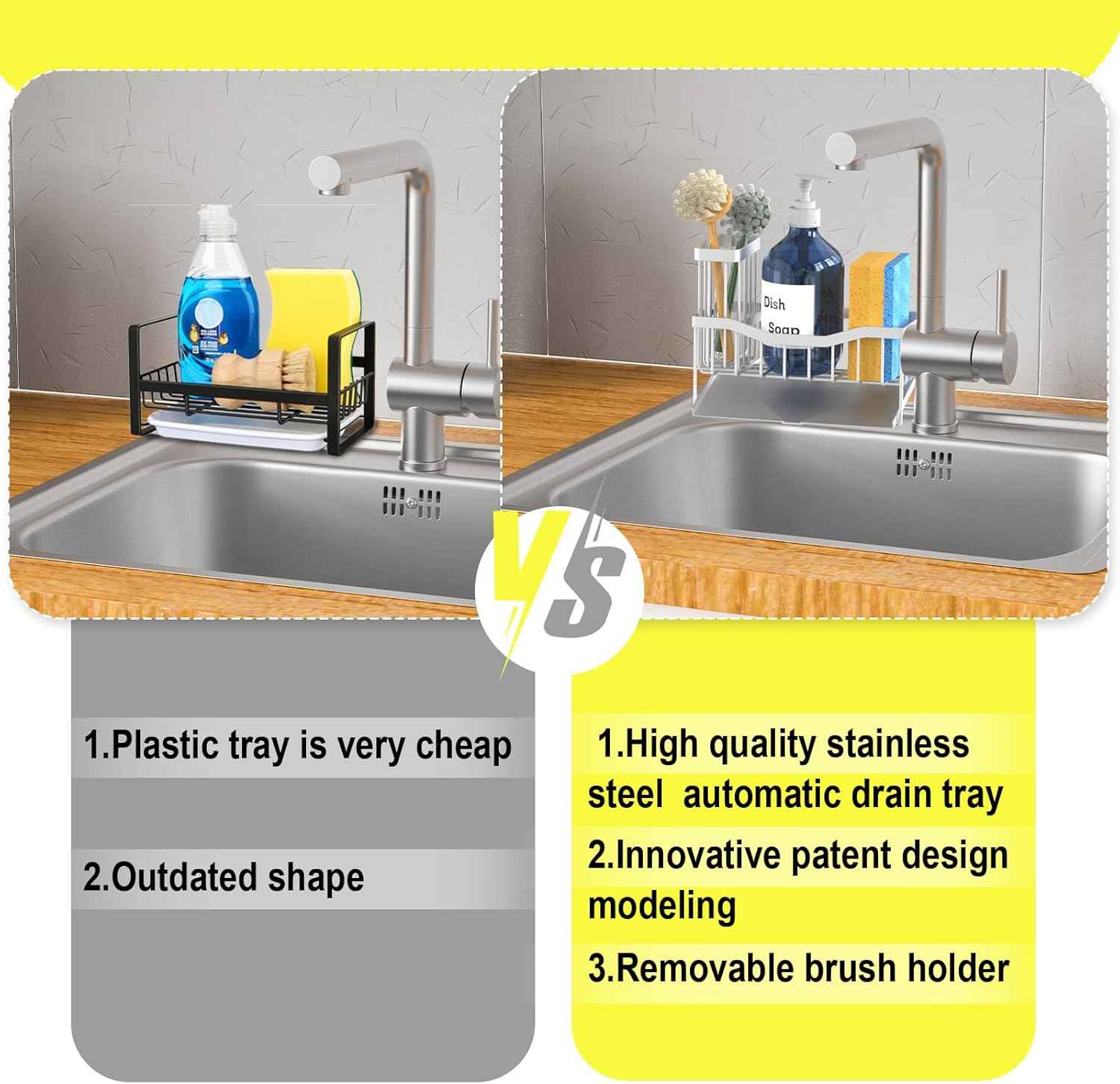 Maifan Sink Caddy Sponge Holder for Kitchen with Brush Holder and Stainless Steel Self Drain Tray, Rustproof Kitchen Sink Organizer for Sponge, Soap Dispenser Storage Accessories (Lacquer Silver)