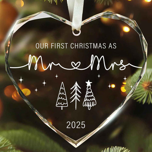 First Christmas Married Ornament 2025 - Mr and Mrs Gifts, Wedding Gifts - Wedding Gift for Couples 2025, Newlyweds, Bride - Bridal Shower Gift Ideas - Glass Christmas Hanging Ornament