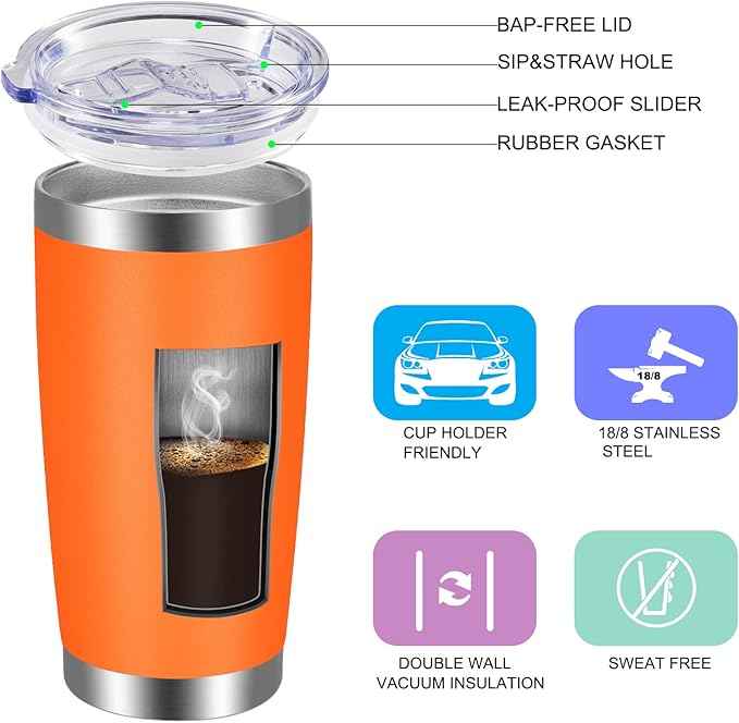 VEGOND 20oz Tumbler with Lid and Straw Stainless Steel Tumbler Cup Bulk Vacuum Insulated Double Wall Travel Coffee Mug Powder Coated Coffee Cup, Orange, 12 Pack