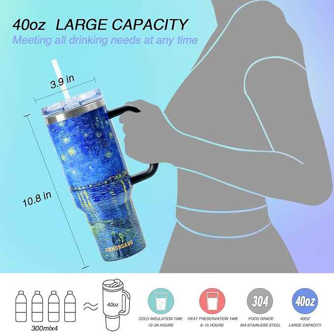 Jormungand 40 oz Tumbler with Handle and Straw, Vacuum Insulated Stainless Steel Cup & Water Bottle, Leakproof Lid, BPA-Free, Cup Holder Friendly for Travel, Keeps Drinks Hot & Cold Starry Night 2