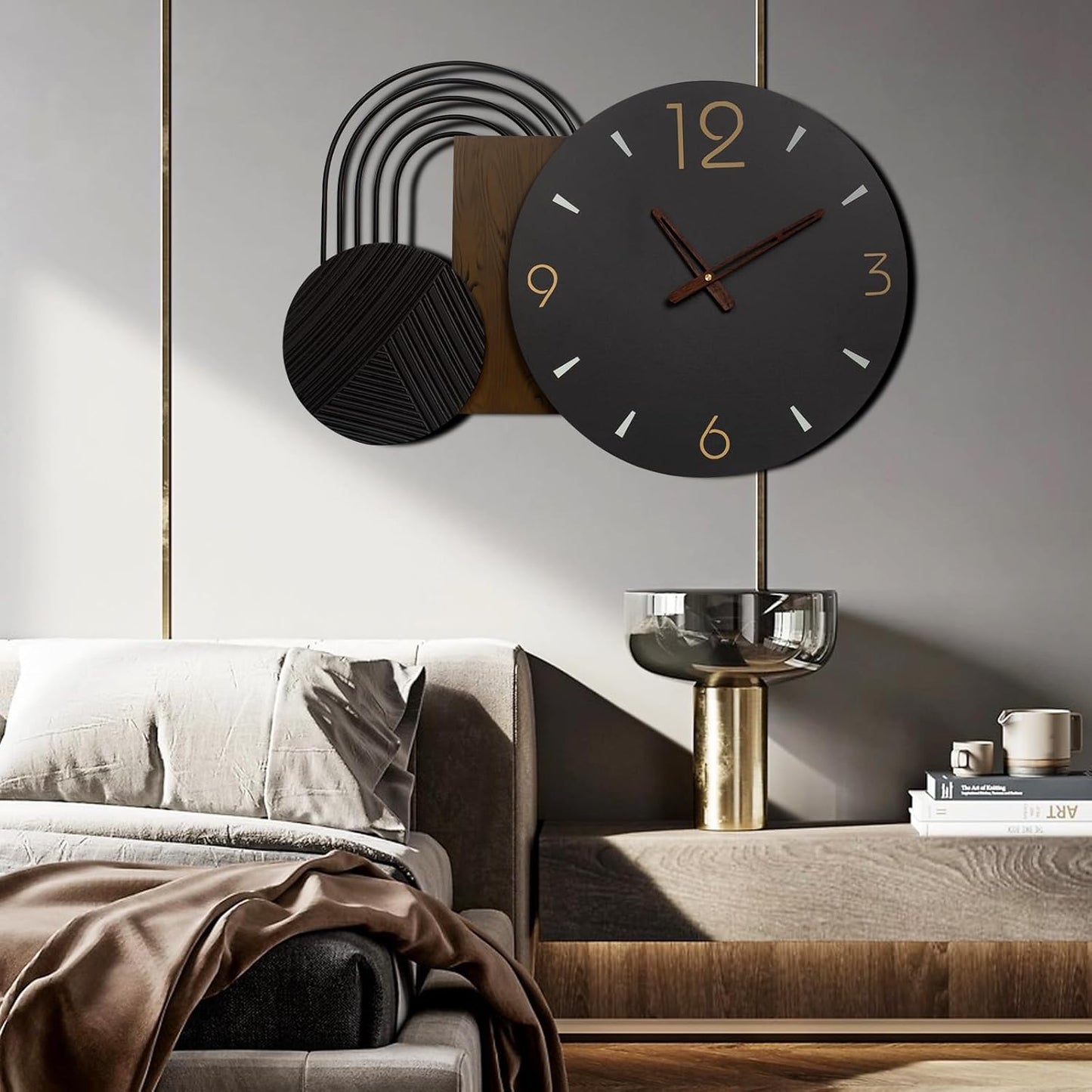 Wall Clock Modern Battery Operated Black Big Clocks Metal& Wood Retro Style Large Wall Watch Metal Walnut Dial Wall Clock Perfect for Modern Home,Office 26inchX18inch