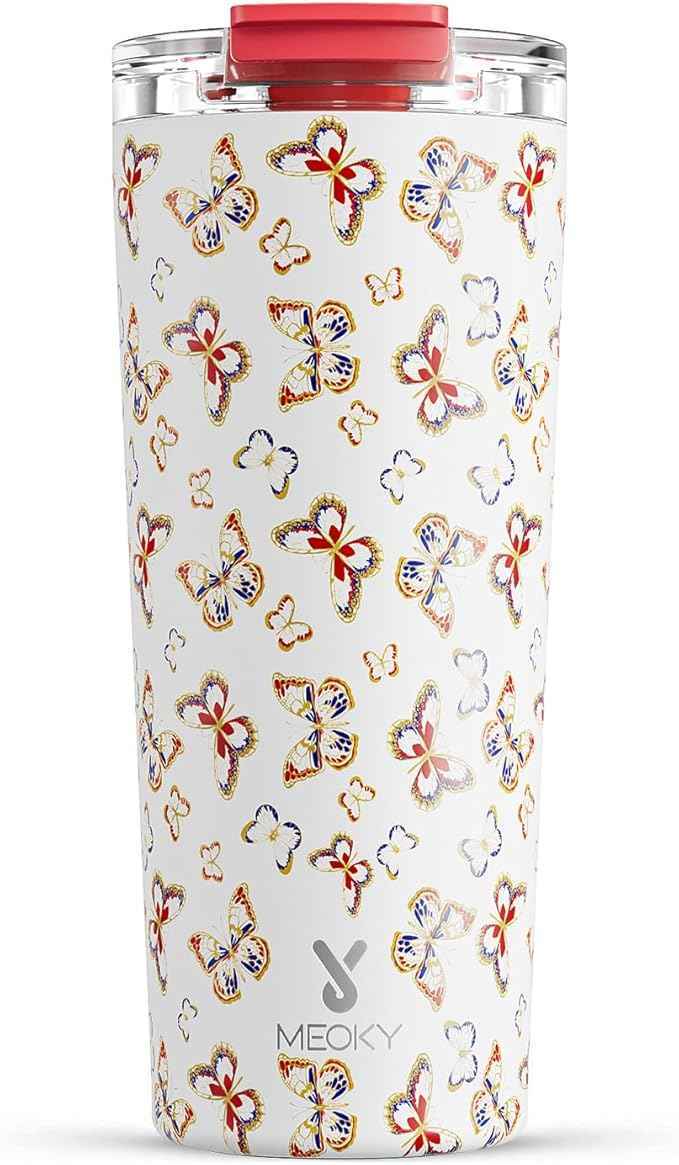 Meoky 24 oz Travel Coffee Mug with Leak-proof Lid, Stainless Steel Insulated Coffee Tumbler, Keeps Hot for 8 Hours or Cold for 24 Hours, Fits in Car Cup Holder (Jewel Butterfly)